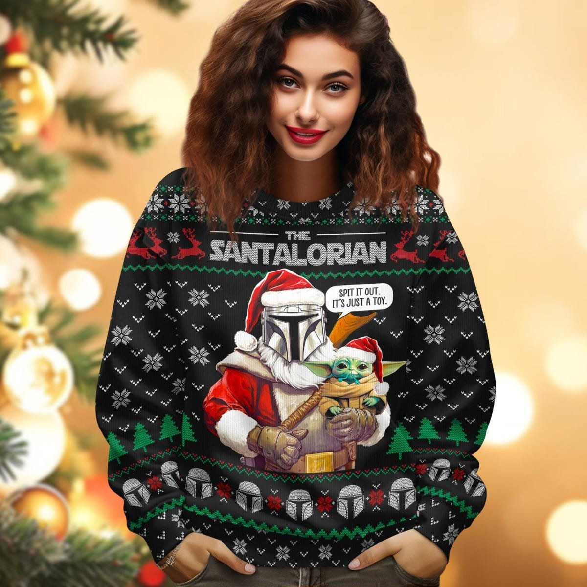 Baby Yoda And Mandalorian Ugly Christmas Sweater The Santalorian Xmas Sweater 4