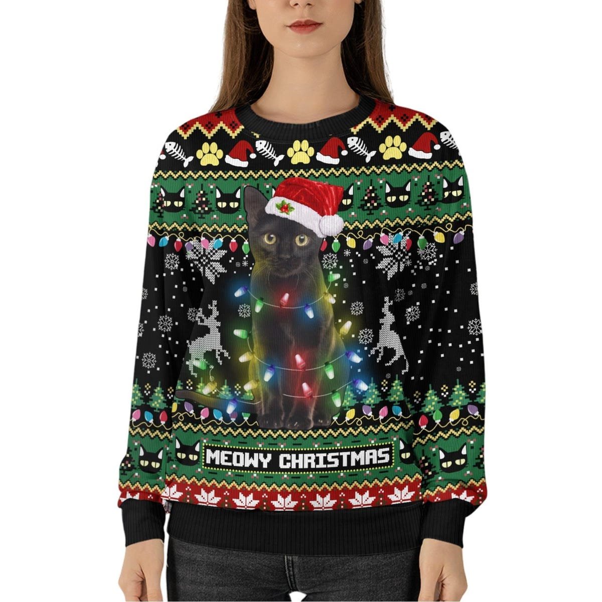 Black Cat Meowy Ugly Christmas Sweater Cat Light Santa Hat Xmas Sweater.jpg