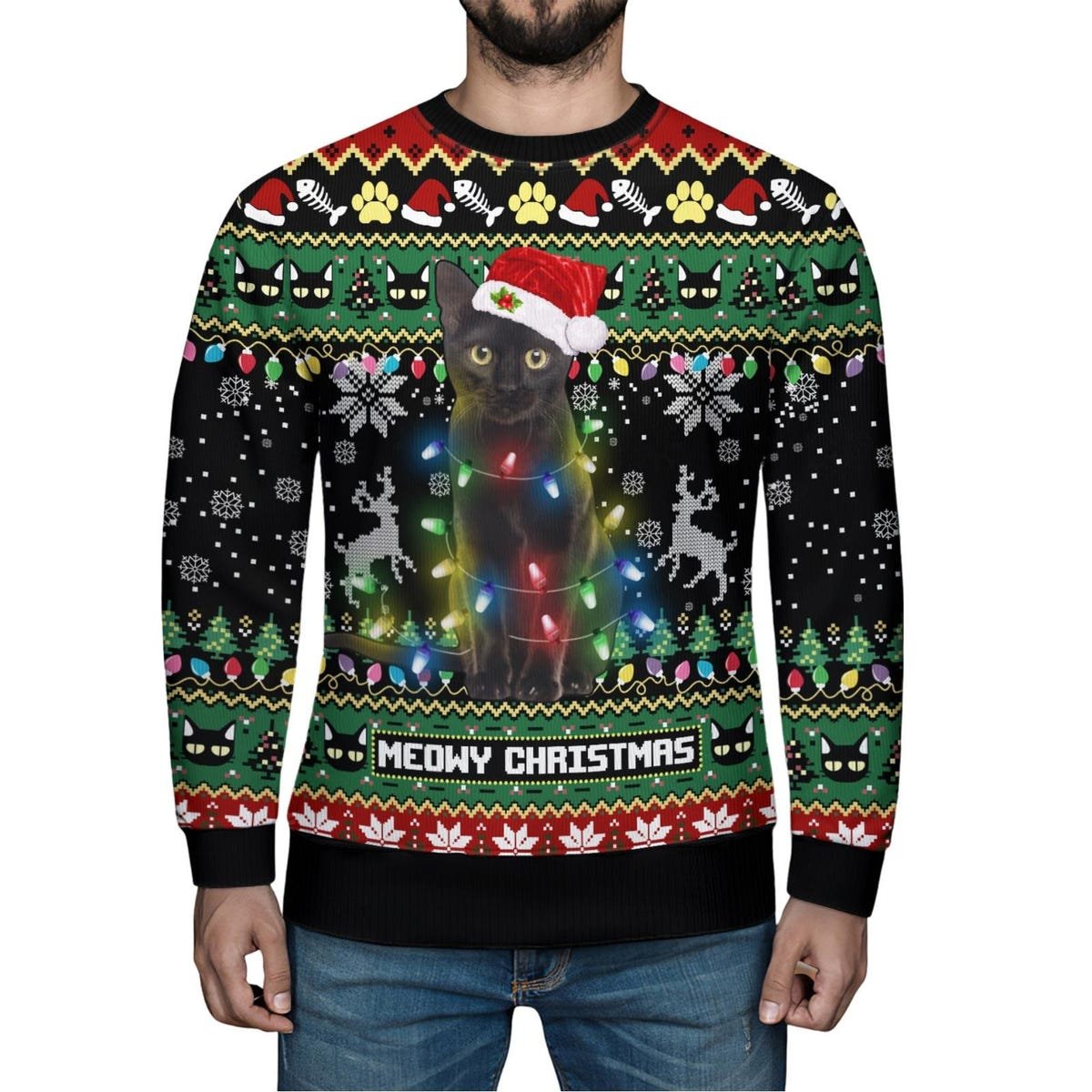 Black Cat Meowy Ugly Christmas Sweater Cat Light Santa Hat Xmas Sweater.jpg