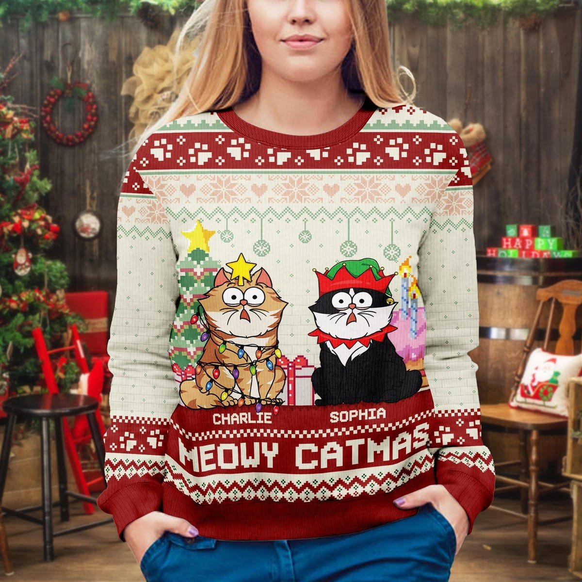 Custom Meowy Catmas Ugly Christmas Sweater Cat Funny Sweater.jpg