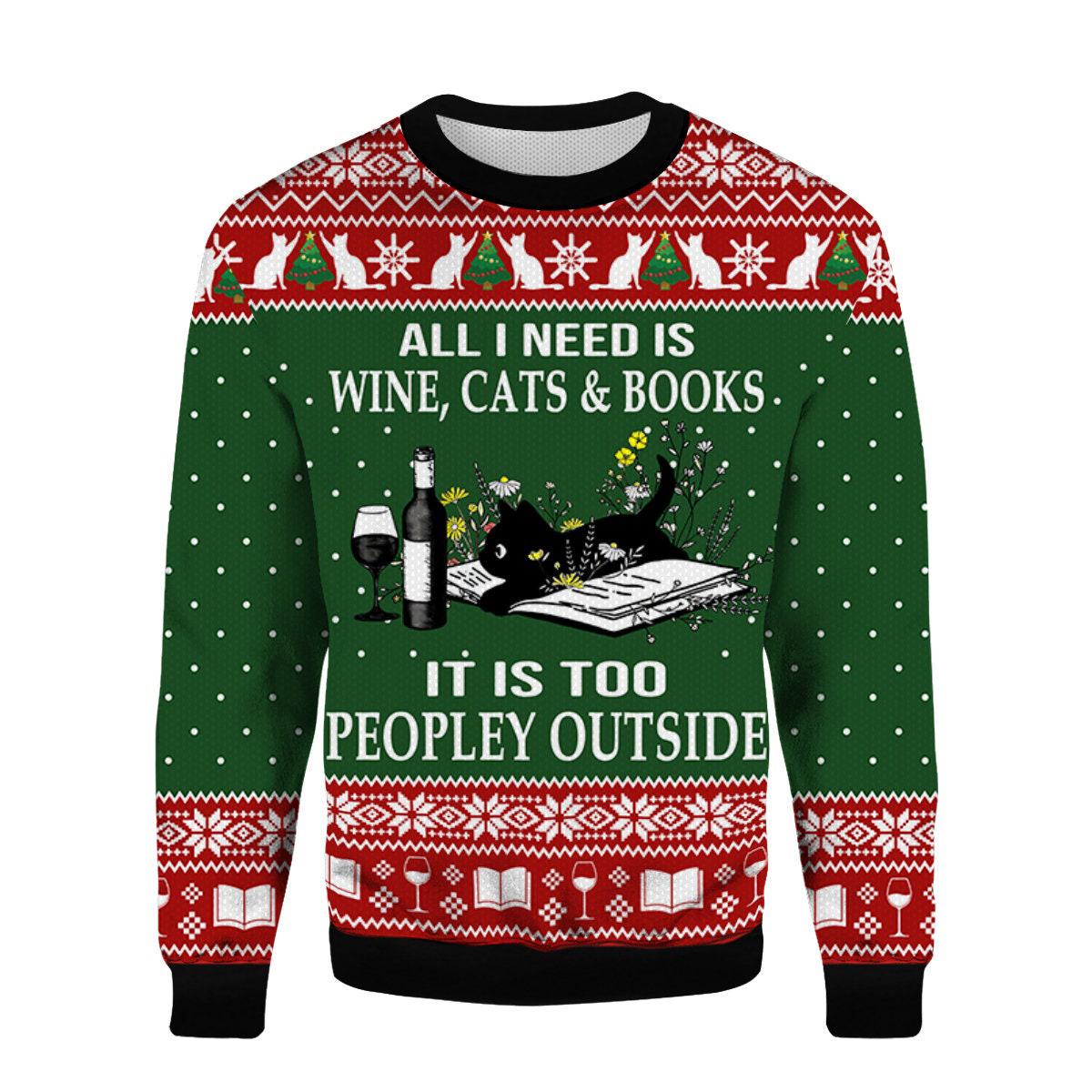 Funny Cat Lover Ugly Christmas Sweater Wine Books & Cats Holiday Sweater 1.jpg