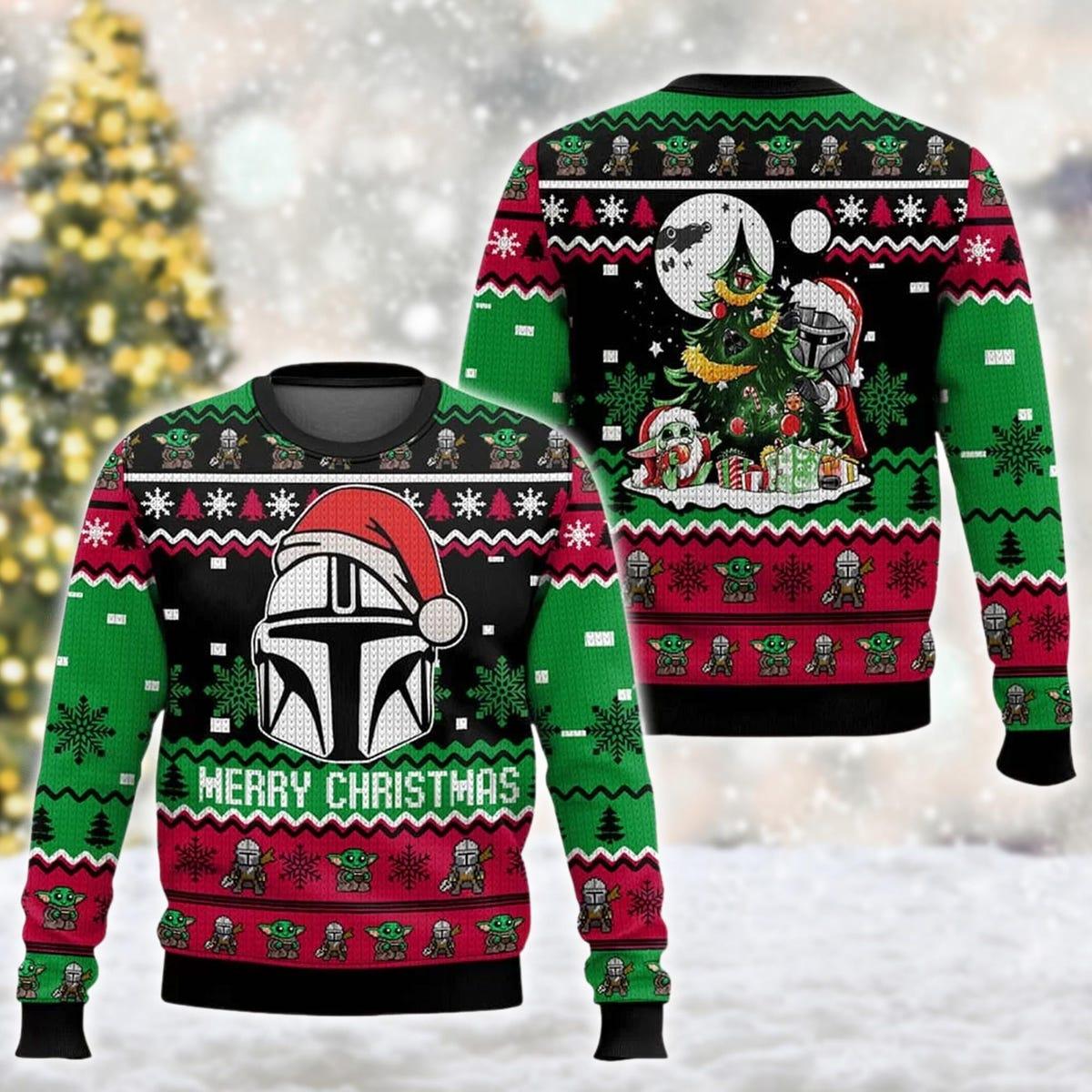 Star Wars Mandalorian Ugly Christmas Sweater Boba Fett And Baby Yoda Christmas Sweater 1