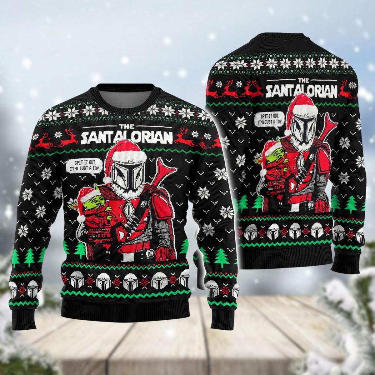 The Santalorian Ugly Christmas Sweater Mandalorian And Baby Yoda Xmas Sweater 1