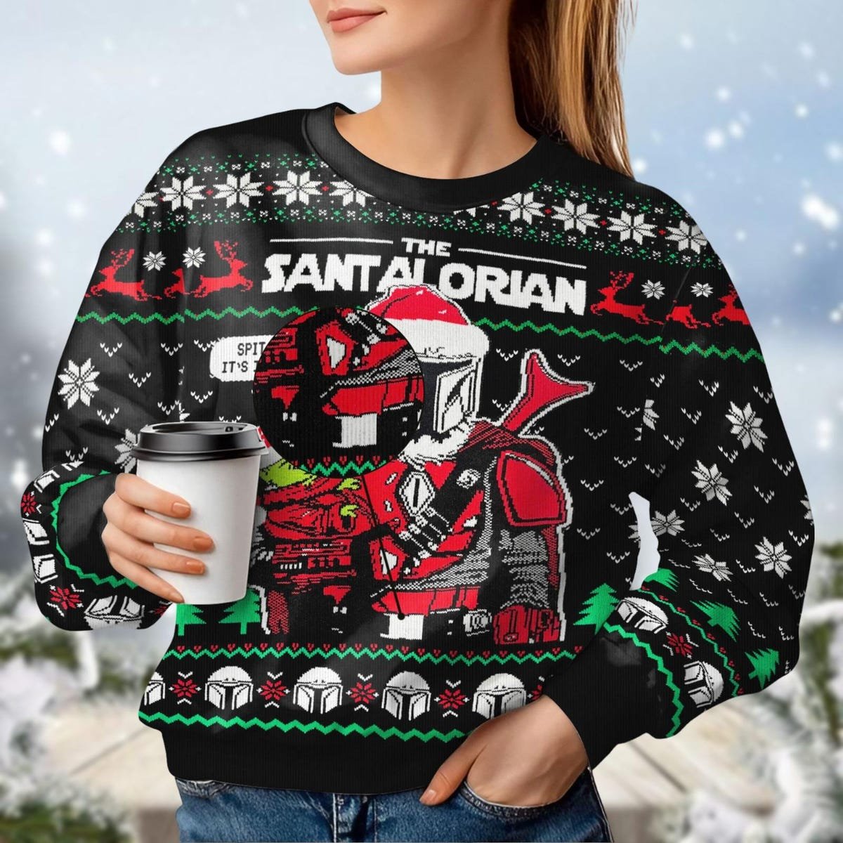 The Santalorian Ugly Christmas Sweater Mandalorian And Baby Yoda Xmas Sweater 4