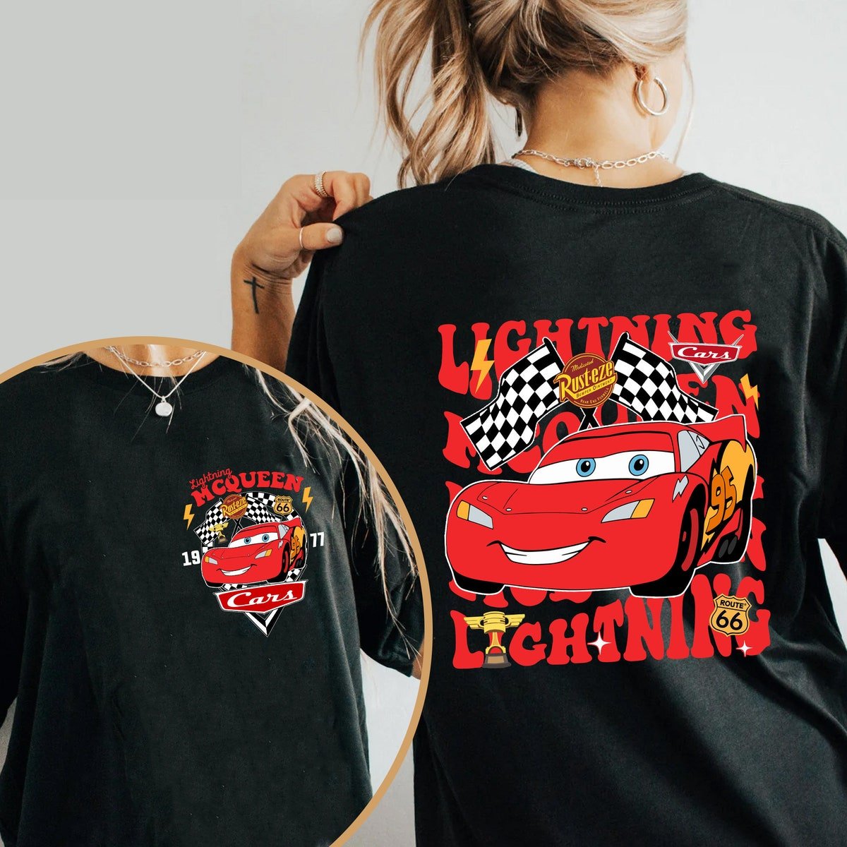 Lightning McQueen Racing Shirt Retro Disney Cars T-Shirt 1977 Checkered Flags