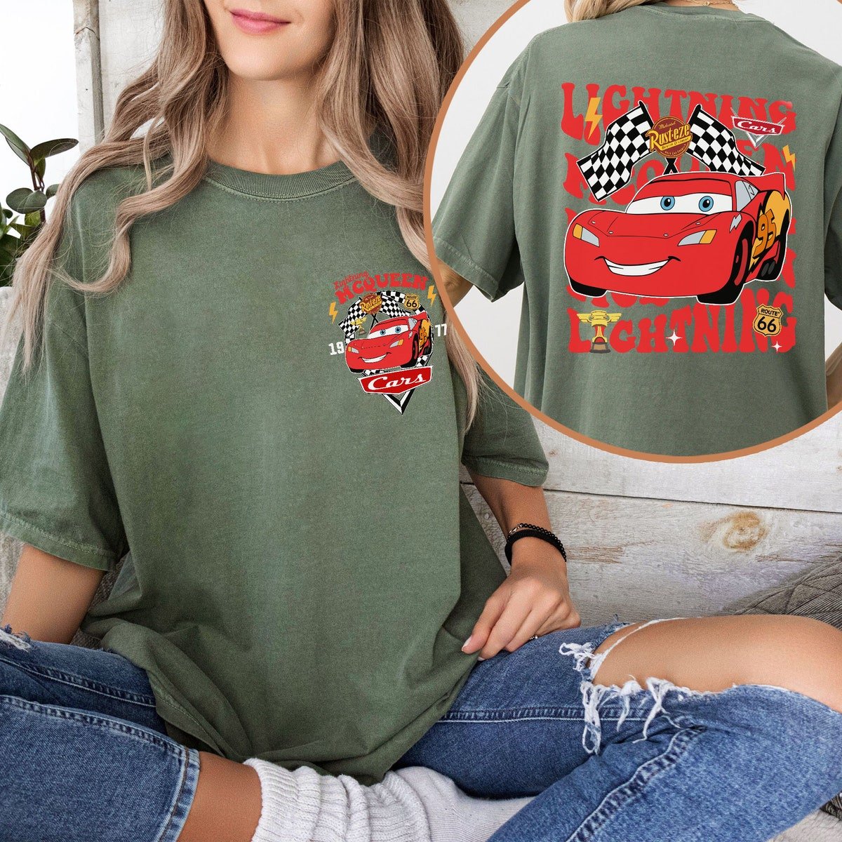 Lightning McQueen Racing Shirt Retro Disney Cars T-Shirt 1977 Checkered Flags
