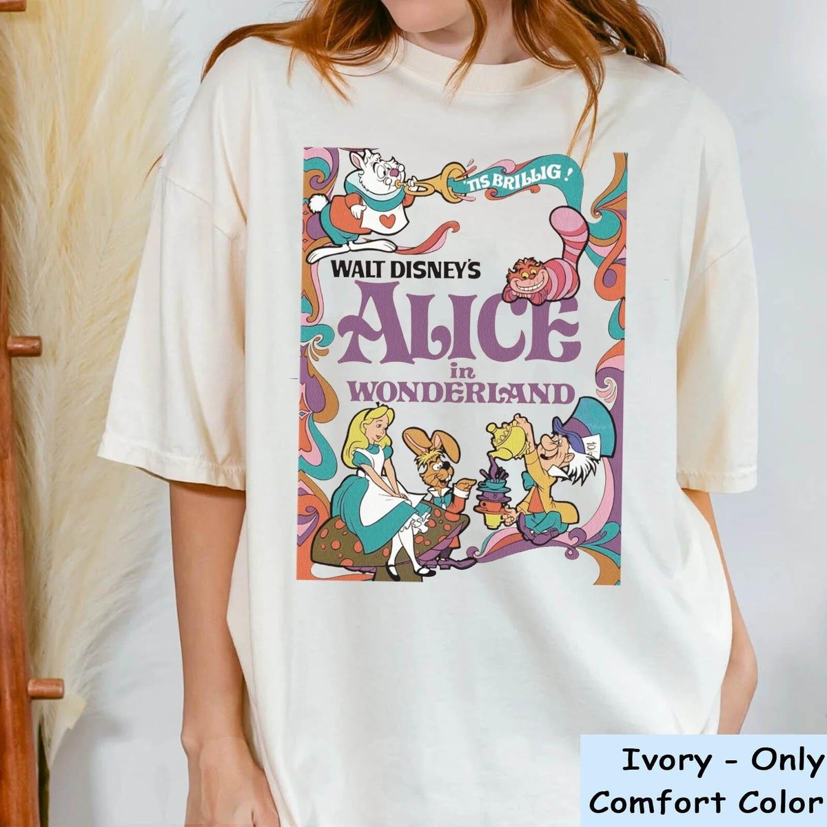 Retro 70s Alice Wonderland Shirt Cheshire Cat White Rabbit Design