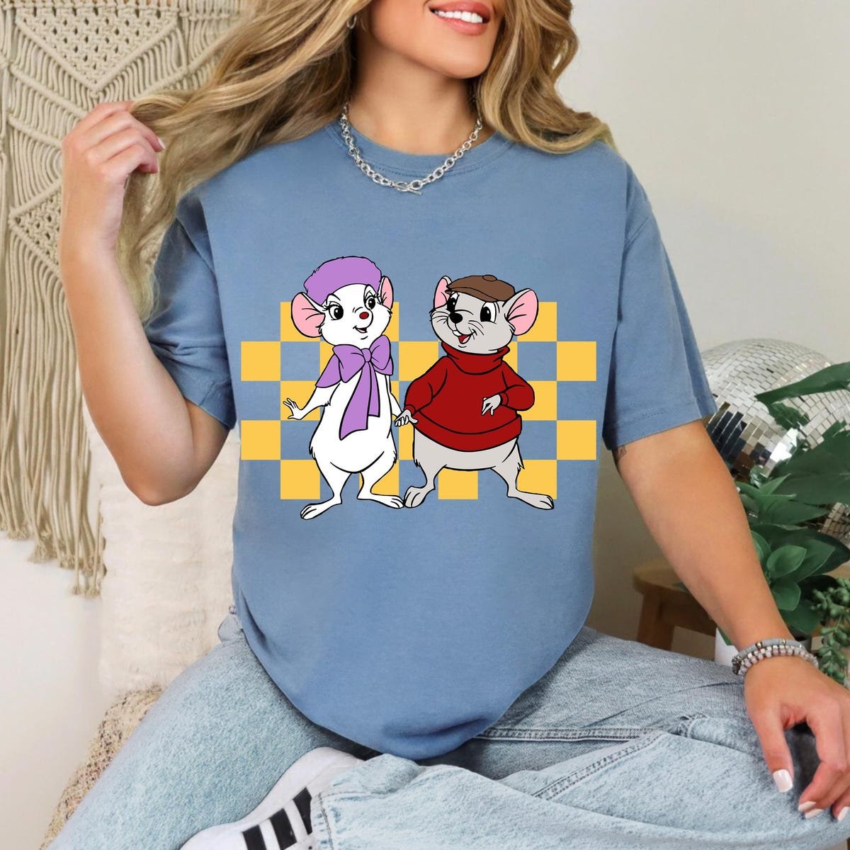 Retro Checkered Disney Rescuers Shirt for Cartoon Lovers