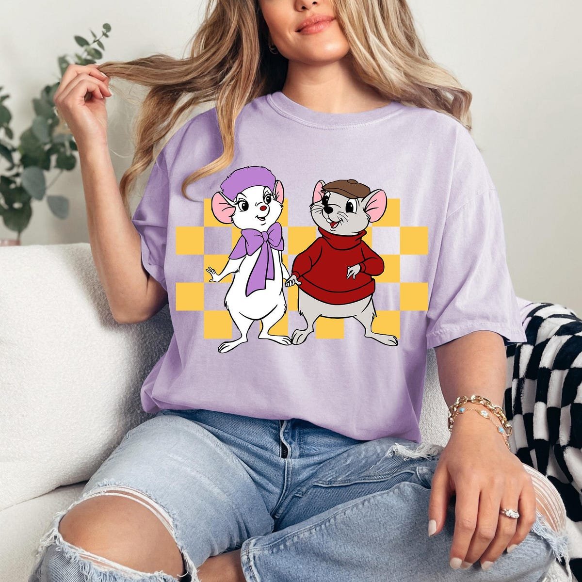 Retro Checkered Disney Rescuers Shirt for Cartoon Lovers