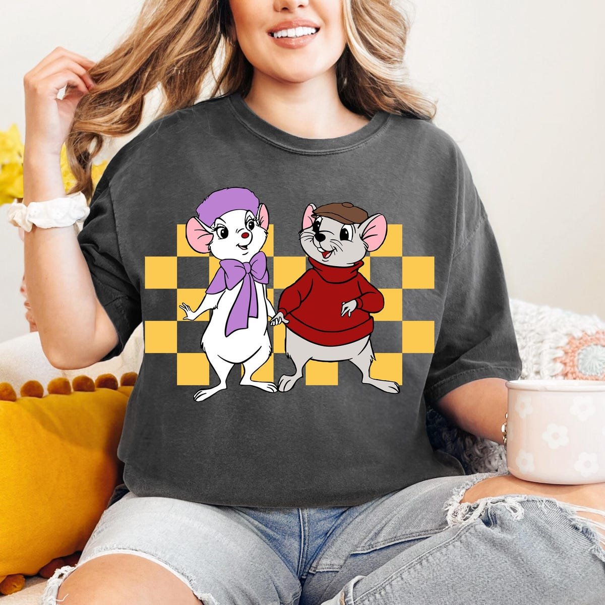 Retro Checkered Disney Rescuers Shirt for Cartoon Lovers