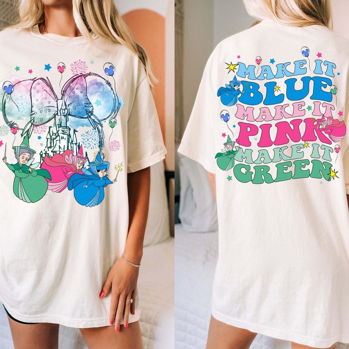 Two Sided Disney Fairy Godmother Shirt Sleeping Beauty Flora Fauna Merryweather