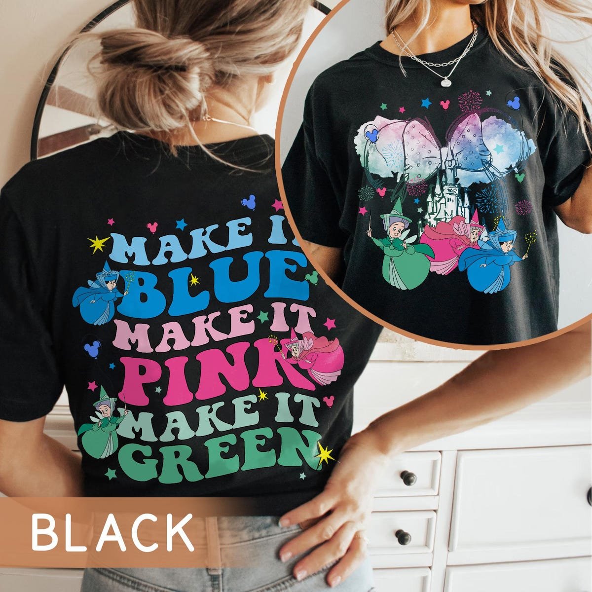 Two Sided Disney Fairy Godmother Shirt Sleeping Beauty Flora Fauna Merryweather