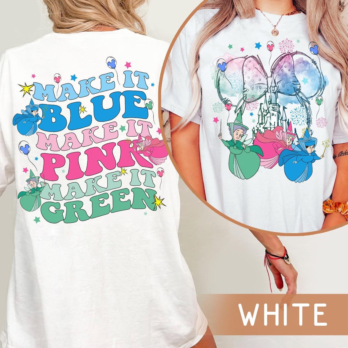Two Sided Disney Fairy Godmother Shirt Sleeping Beauty Flora Fauna Merryweather