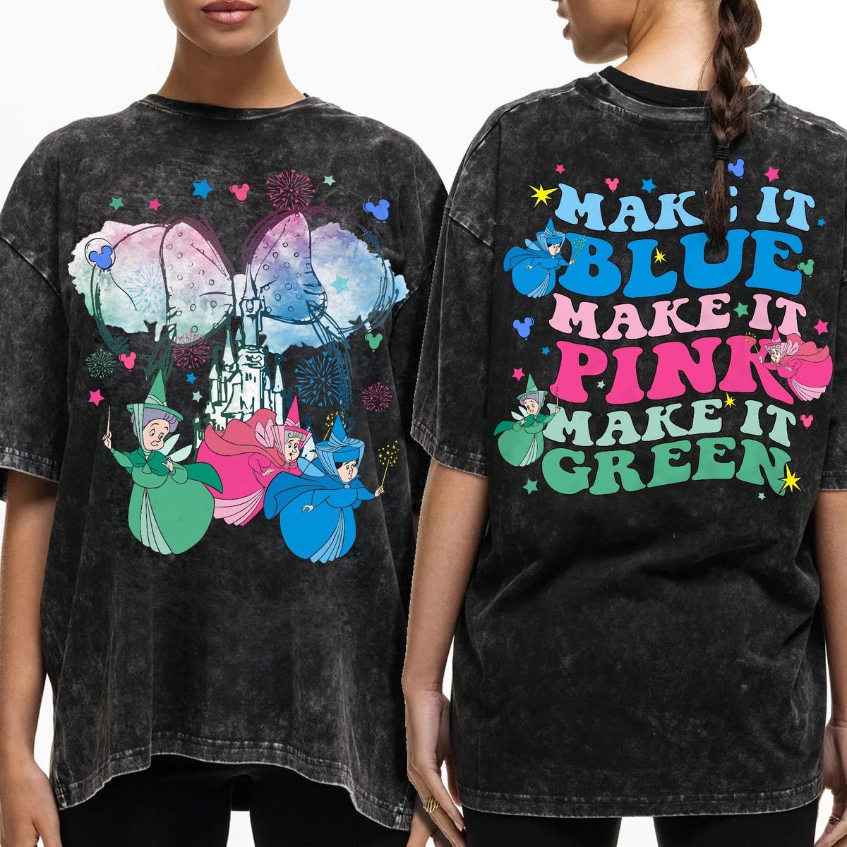 Two Sided Disney Fairy Godmother Shirt Sleeping Beauty Flora Fauna Merryweather