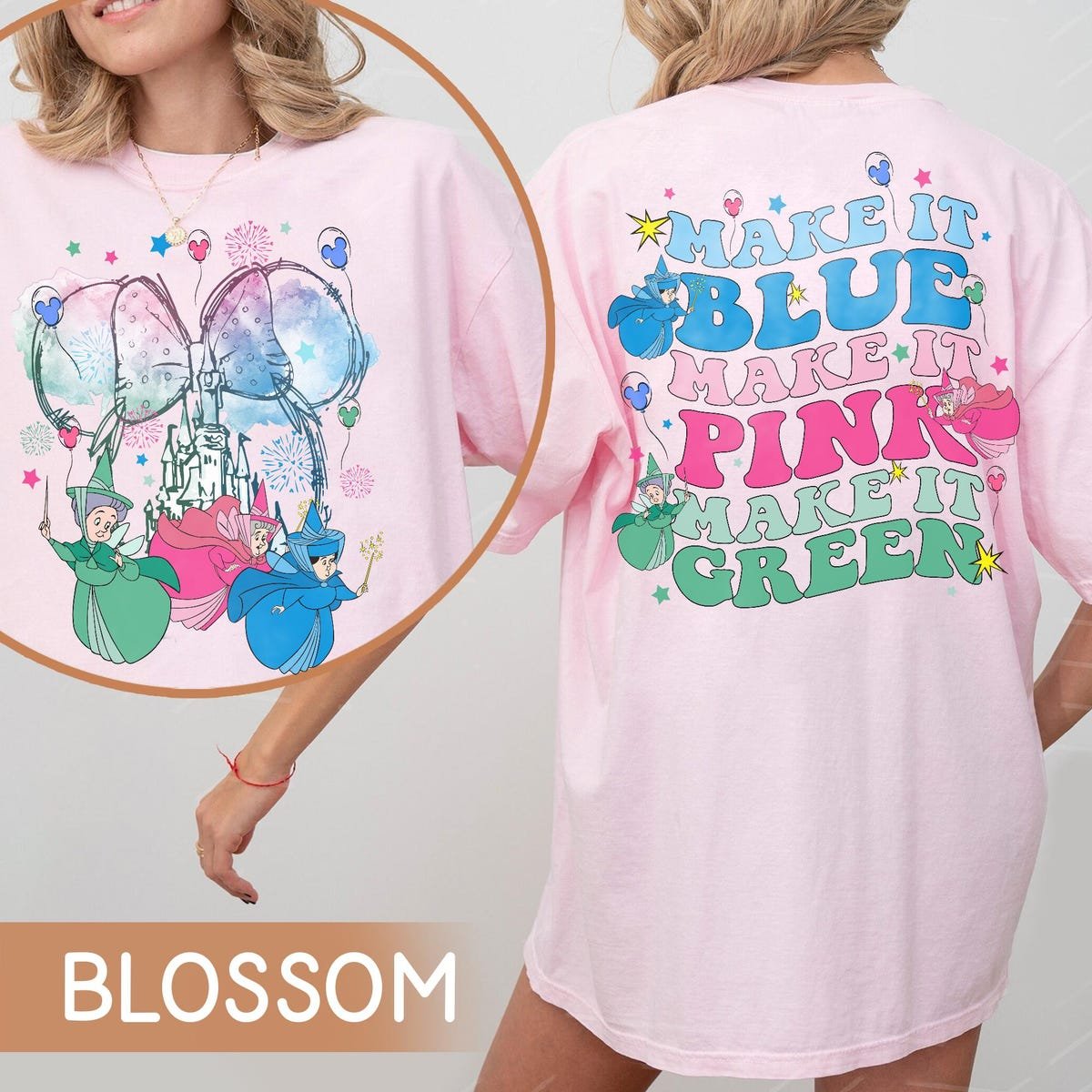 Two Sided Disney Fairy Godmother Shirt Sleeping Beauty Flora Fauna Merryweather