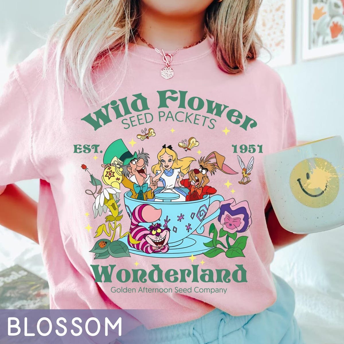 Alice in Wonderland Tea Party Shirt Disney Cheshire Cat Mad Hatter