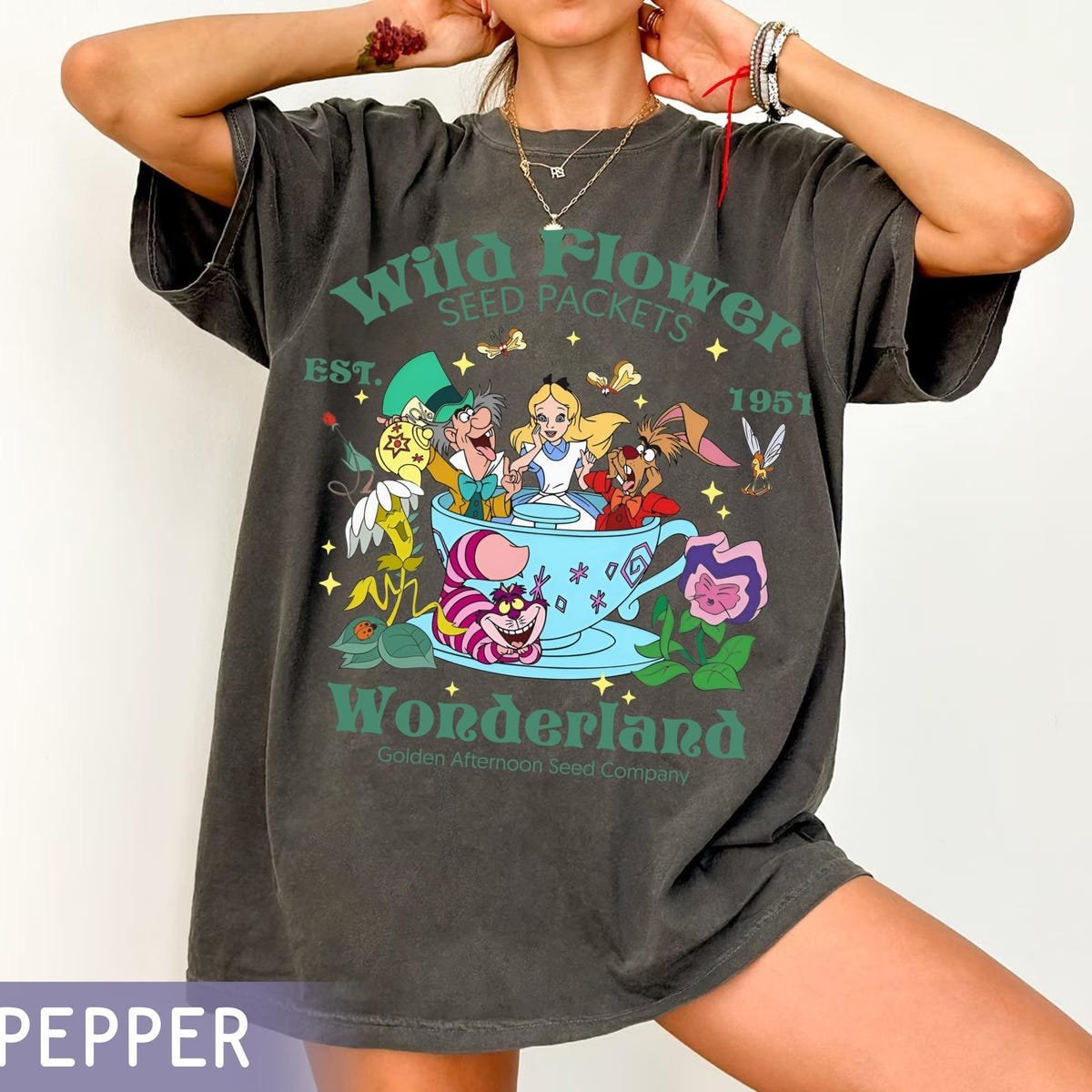 Alice in Wonderland Tea Party Shirt Disney Cheshire Cat Mad Hatter