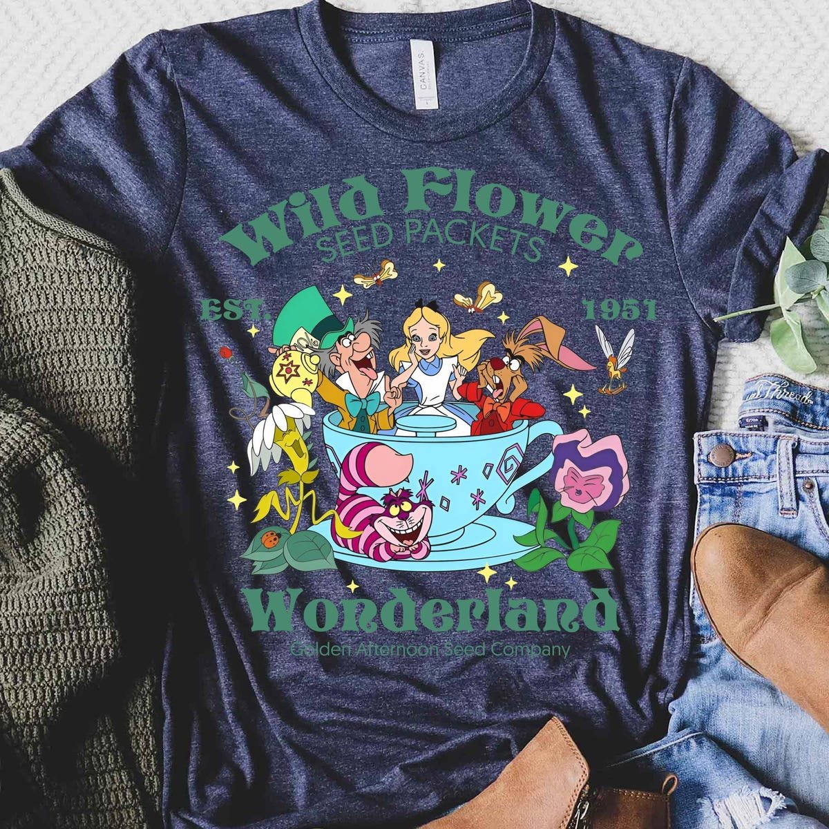 Alice in Wonderland Tea Party Shirt Disney Cheshire Cat Mad Hatter