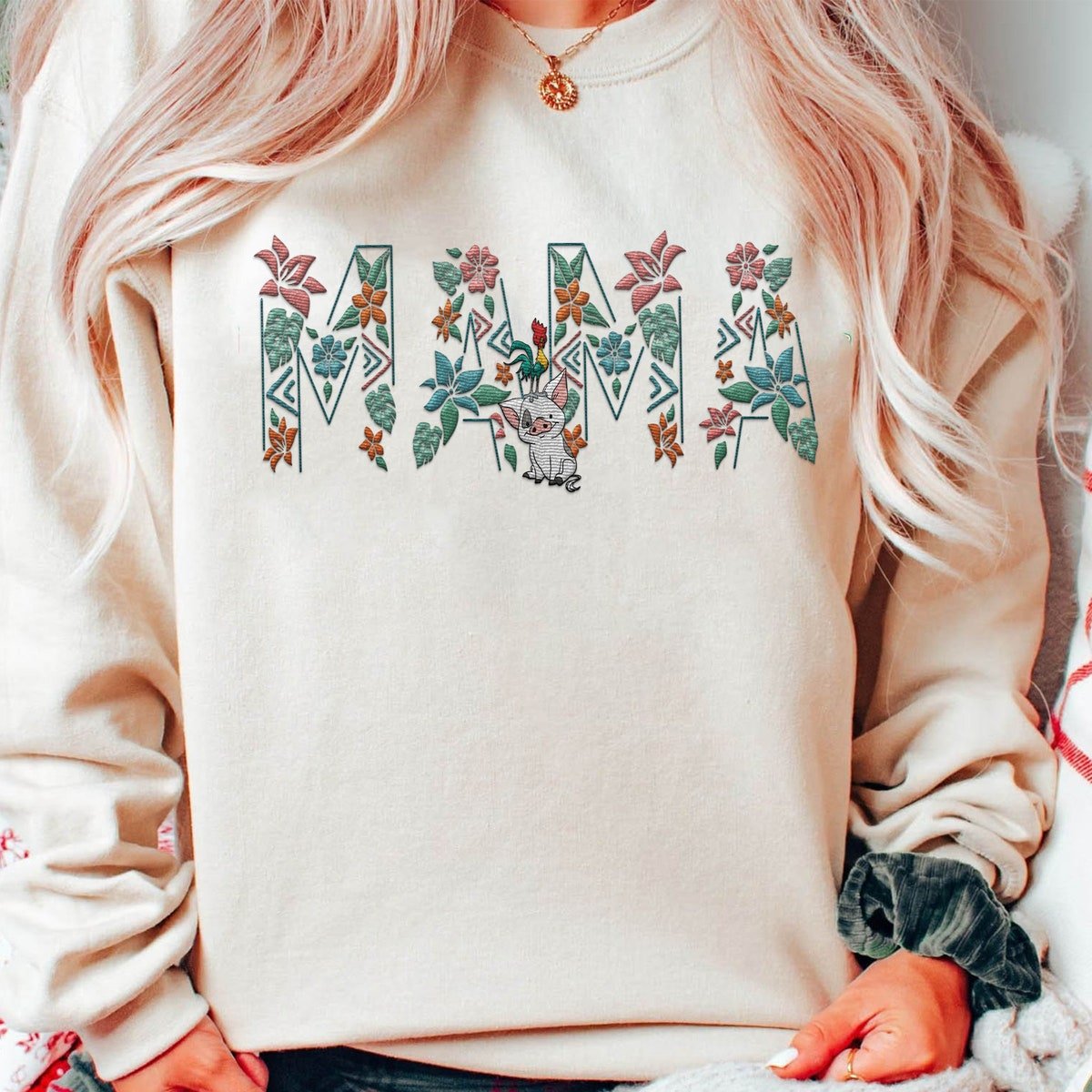 Embroidered Pua Hei Hei Floral Sweatshirt for Moms