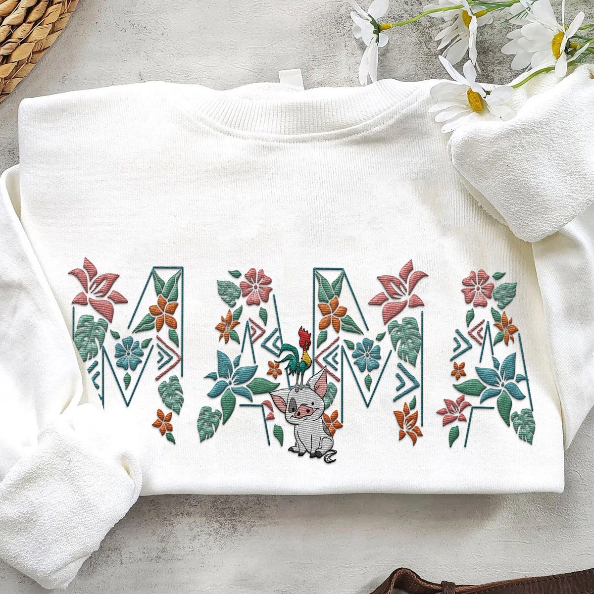 Embroidered Pua Hei Hei Floral Sweatshirt for Moms
