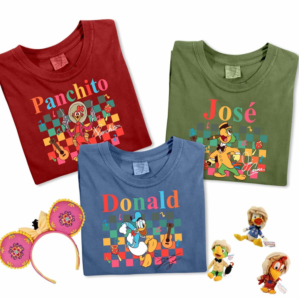 Retro Checkered Disney Trio Ducks Shirt - Panchito Jose Donald Duck Tee