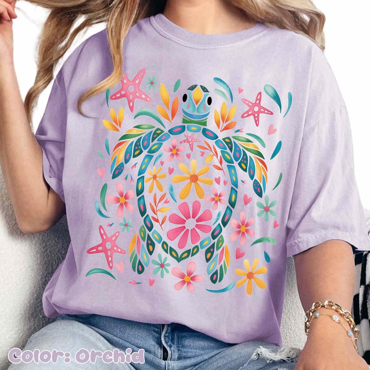 Boho Floral Turtle Shirt Colorful Beach Tee Summer Ocean Vibes