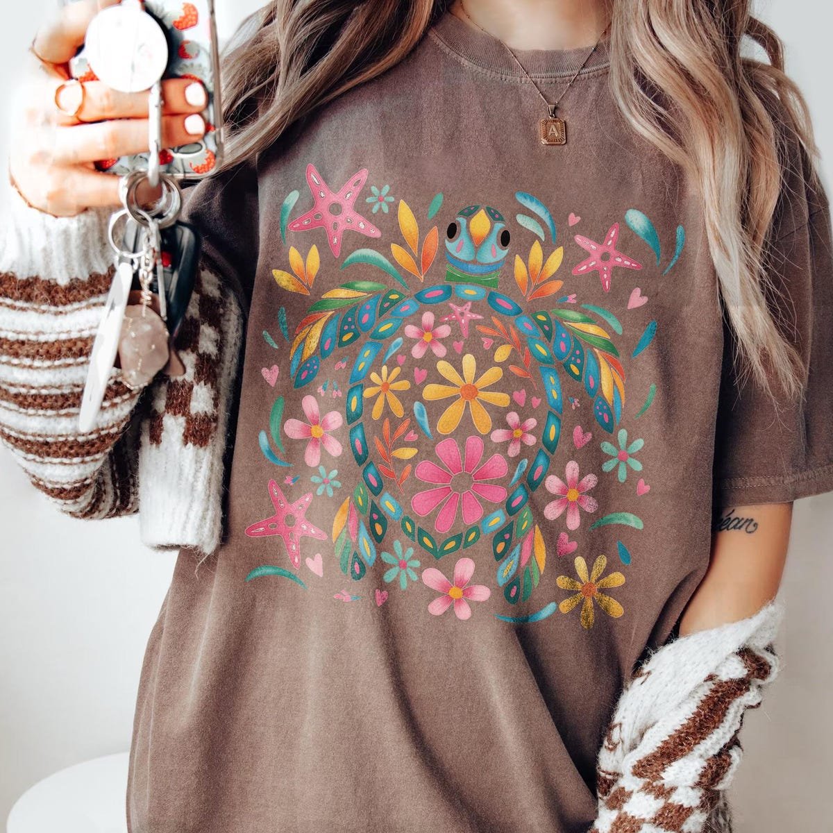 Boho Floral Turtle Shirt Colorful Beach Tee Summer Ocean Vibes
