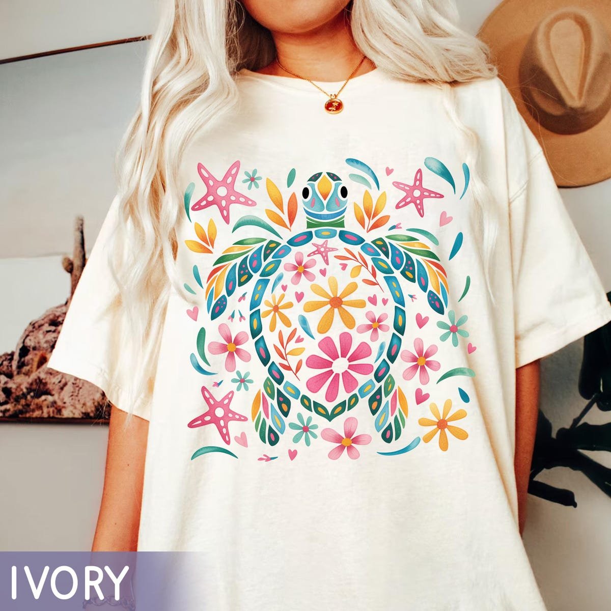 Boho Floral Turtle Shirt Colorful Beach Tee Summer Ocean Vibes