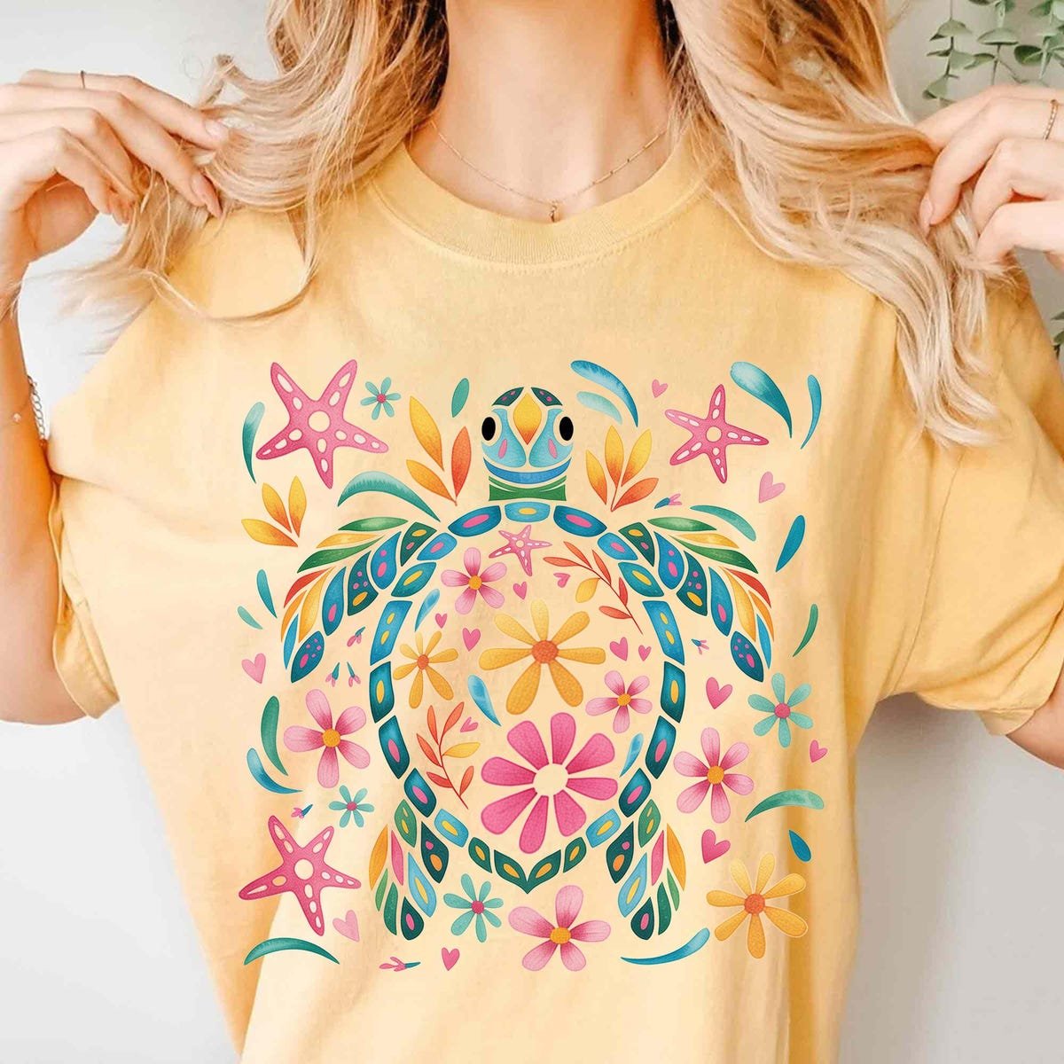 Boho Floral Turtle Shirt Colorful Beach Tee Summer Ocean Vibes