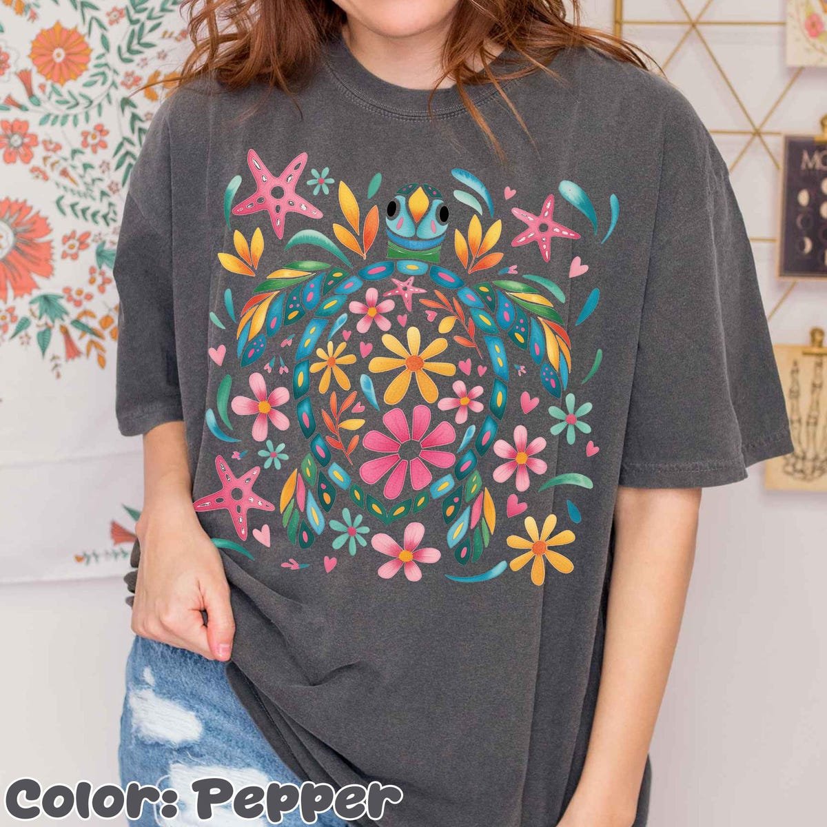Boho Floral Turtle Shirt Colorful Beach Tee Summer Ocean Vibes