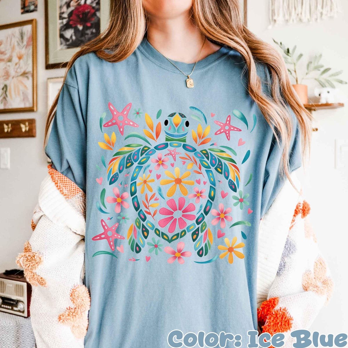 Boho Floral Turtle Shirt Colorful Beach Tee Summer Ocean Vibes