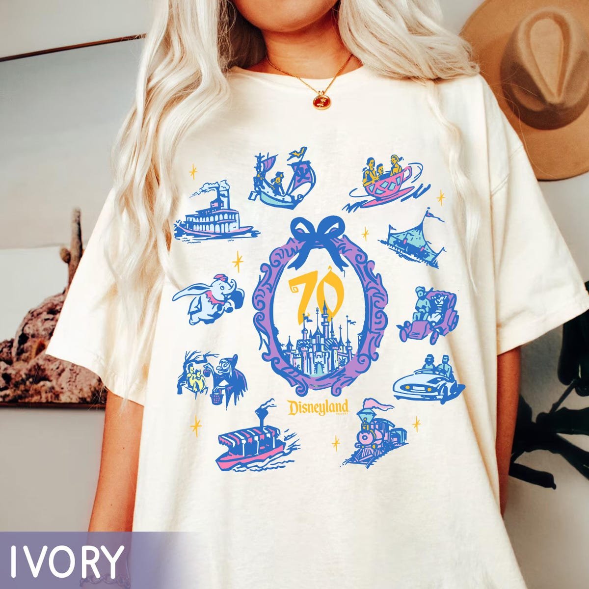 Disneyland 70th Anniversary Shirt Watercolor Ride Icons Tee 2025 Celebration