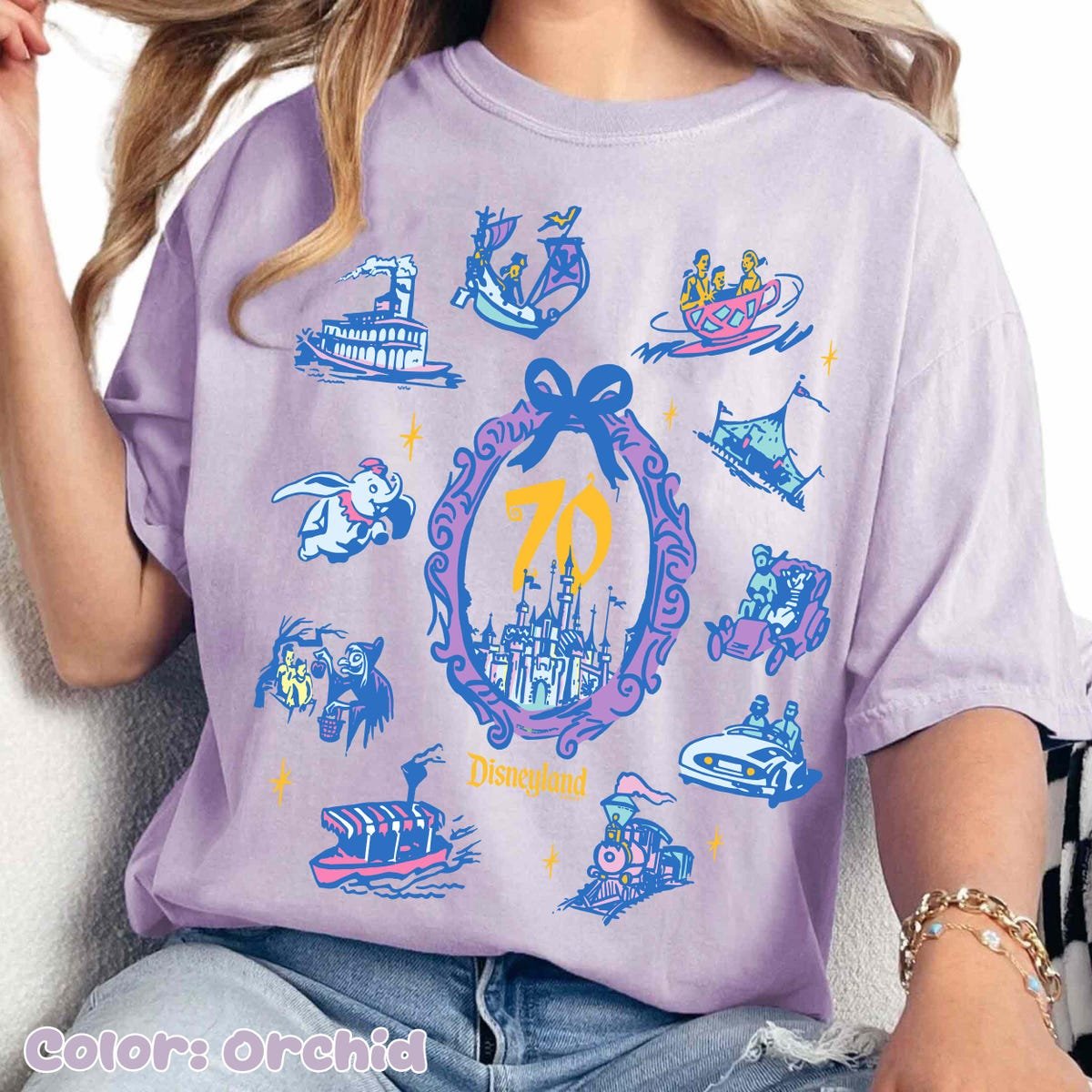Disneyland 70th Anniversary Shirt Watercolor Ride Icons Tee 2025 Celebration