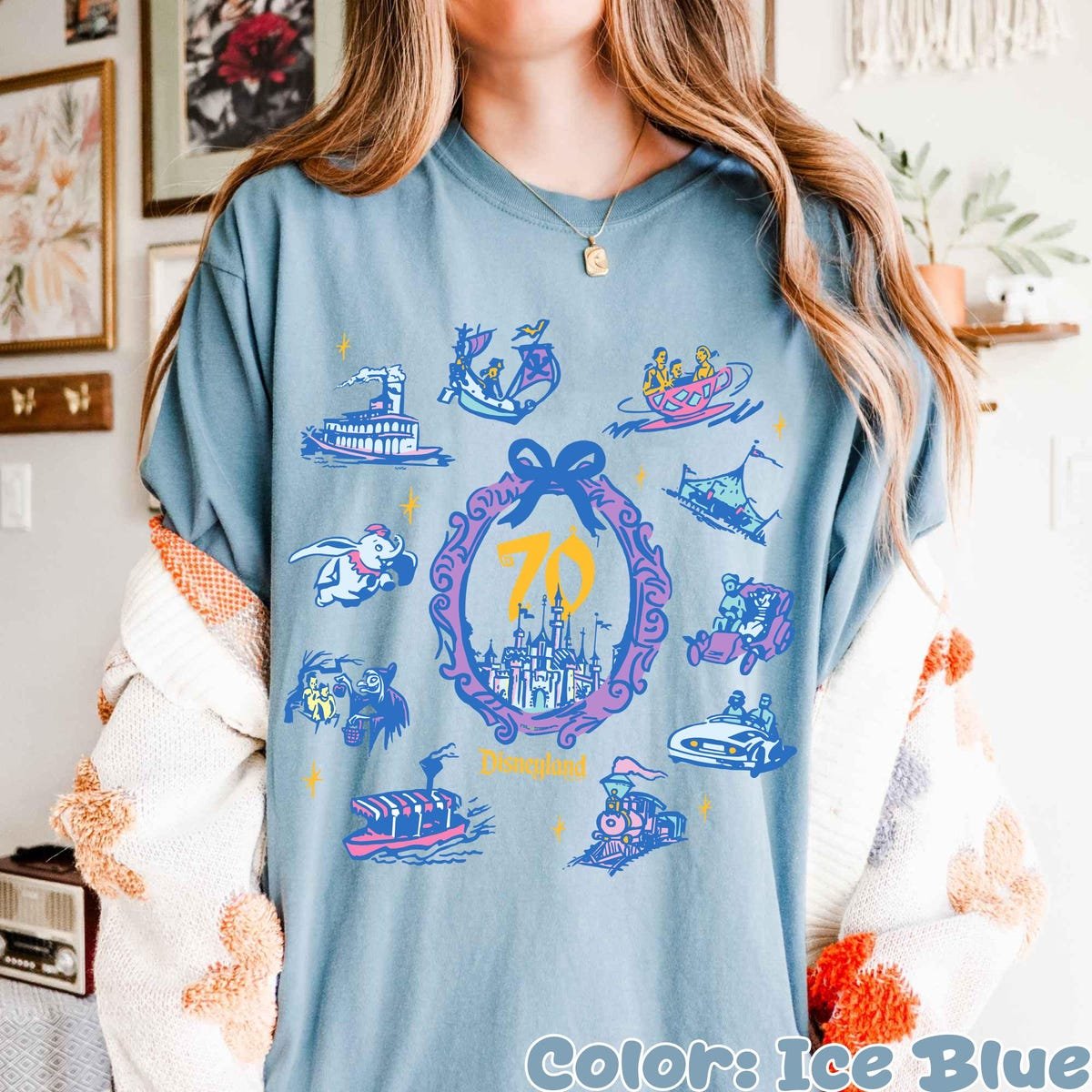 Disneyland 70th Anniversary Shirt Watercolor Ride Icons Tee 2025 Celebration