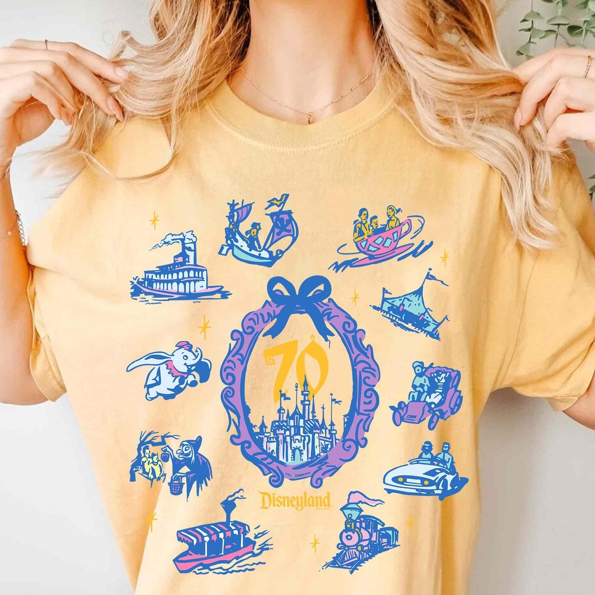 Disneyland 70th Anniversary Shirt Watercolor Ride Icons Tee 2025 Celebration