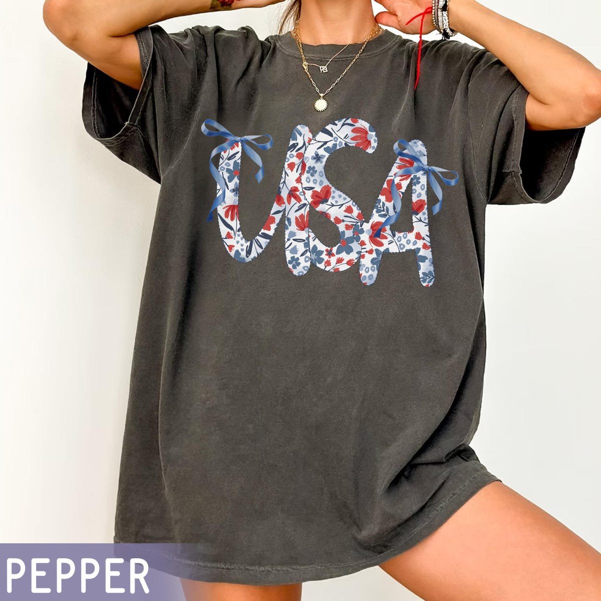 Floral Independence Day Shirt USA Patriotic 4th of July Red White Blue Tee