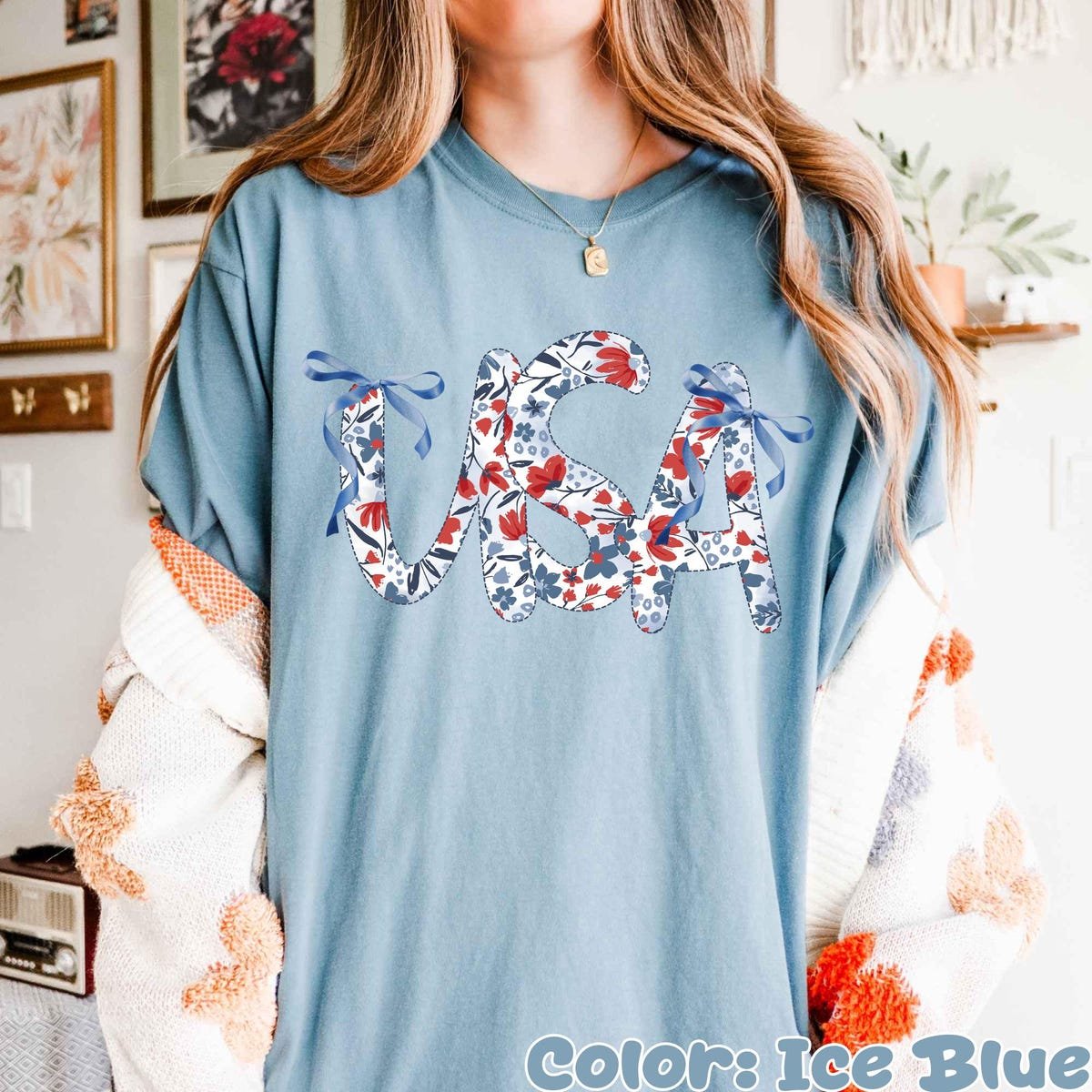 Floral Independence Day Shirt USA Patriotic 4th of July Red White Blue Tee
