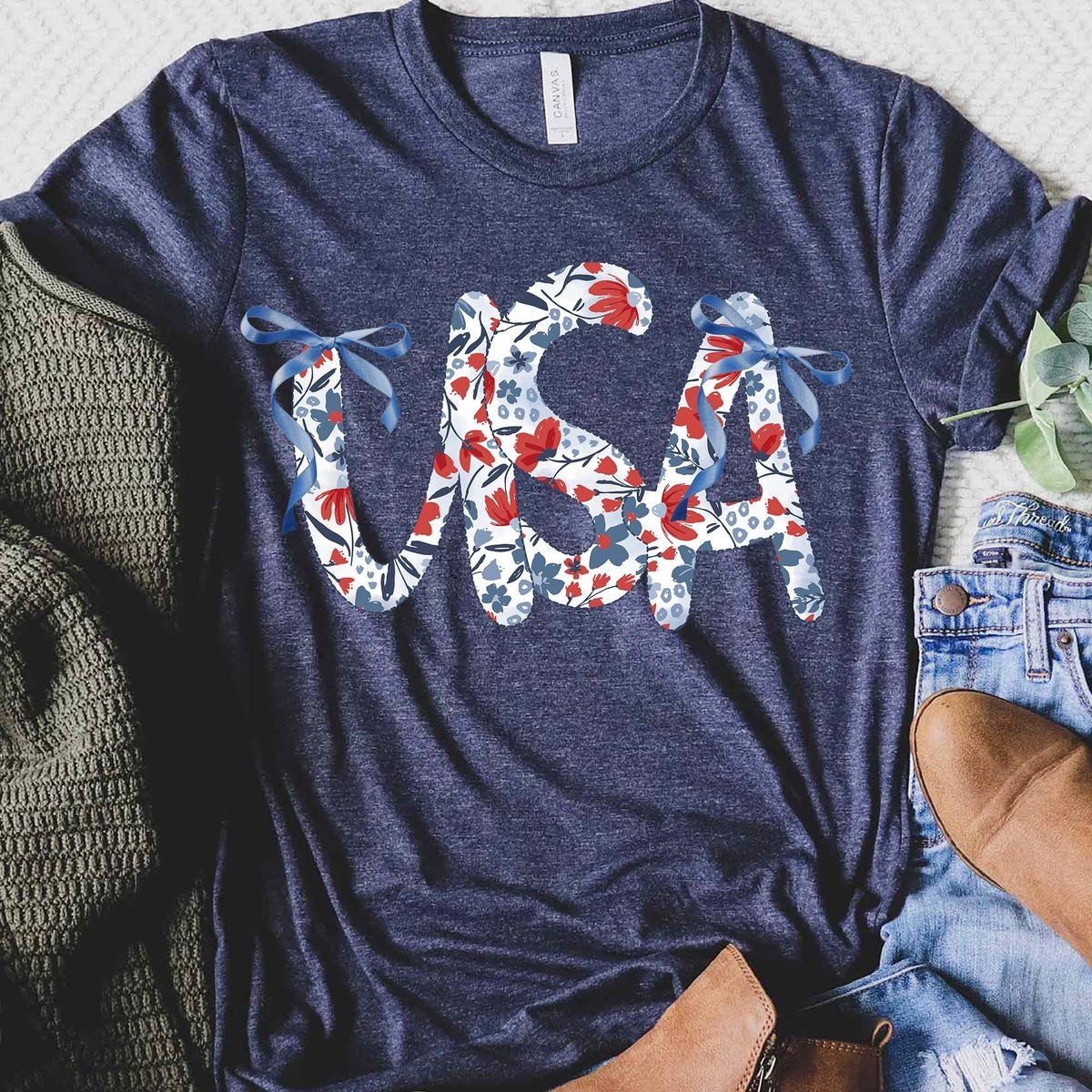 Floral Independence Day Shirt USA Patriotic 4th of July Red White Blue Tee