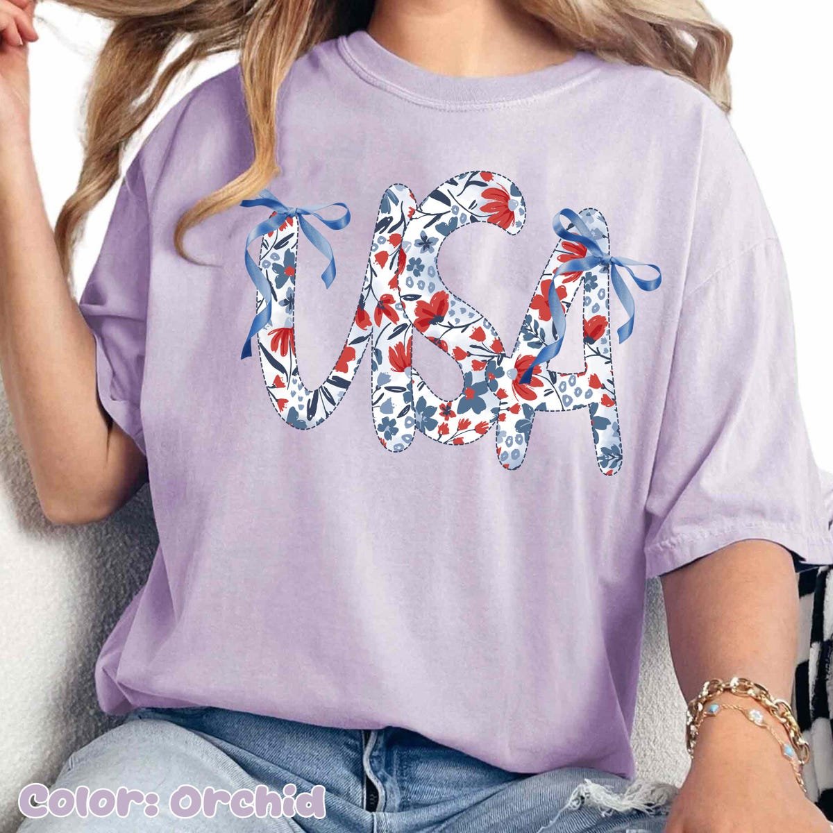 Floral Independence Day Shirt USA Patriotic 4th of July Red White Blue Tee