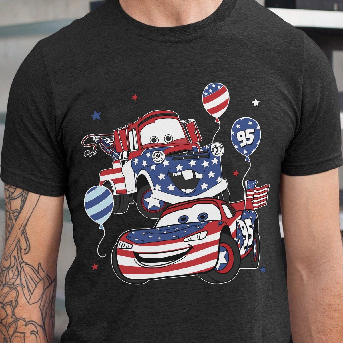 Lightning McQueen Tow Mater 4th July Shirt Disney Cars Patriotic T-shirt