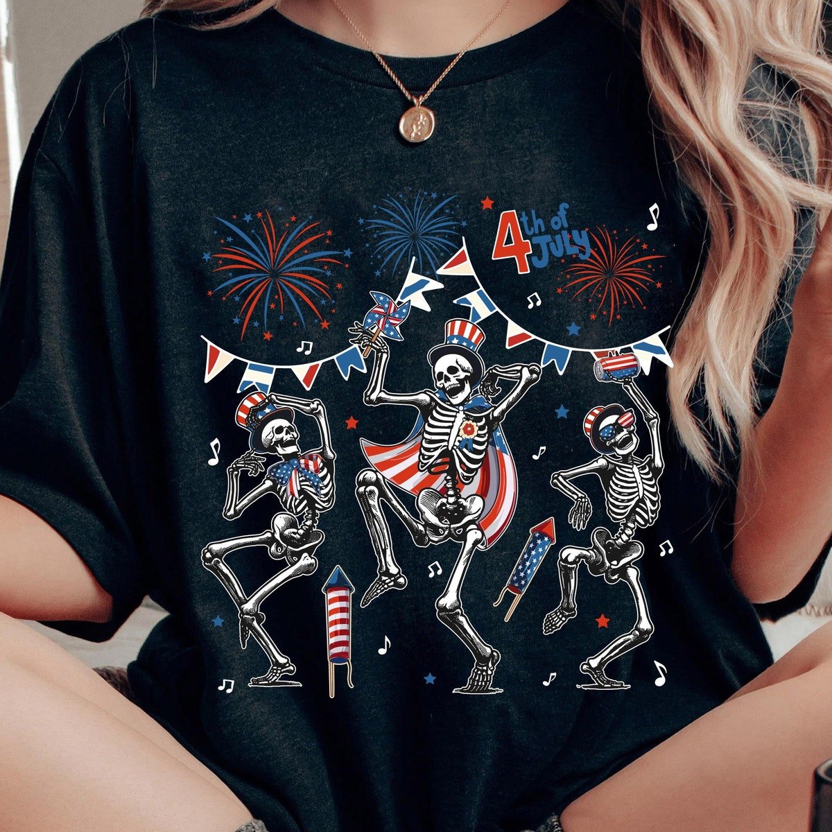 Skeleton Dancing Firework Shirt Patriotic Independence Day 2024 Tee