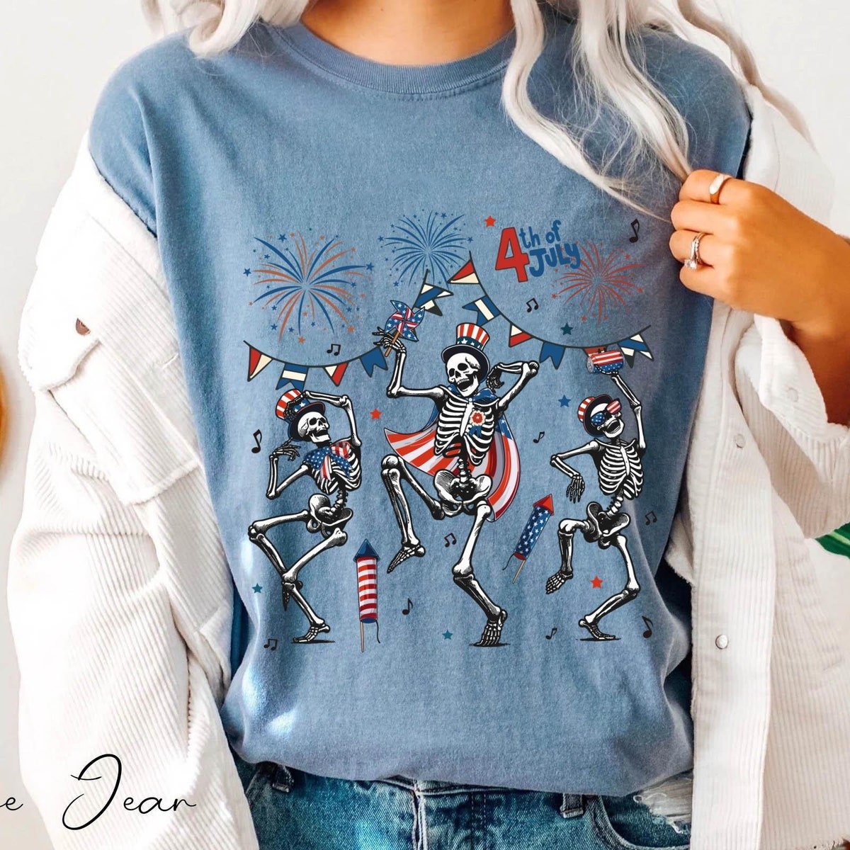 Skeleton Dancing Firework Shirt Patriotic Independence Day 2024 Tee