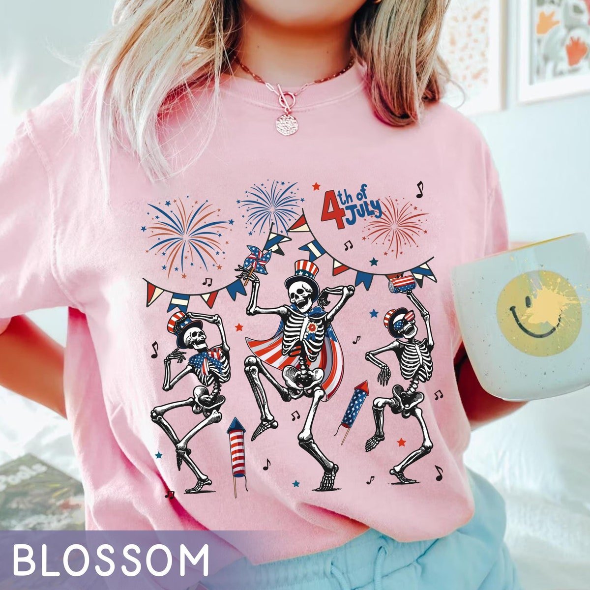 Skeleton Dancing Firework Shirt Patriotic Independence Day 2024 Tee