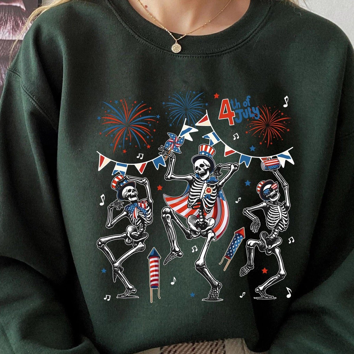 Skeleton Dancing Firework Shirt Patriotic Independence Day 2024 Tee