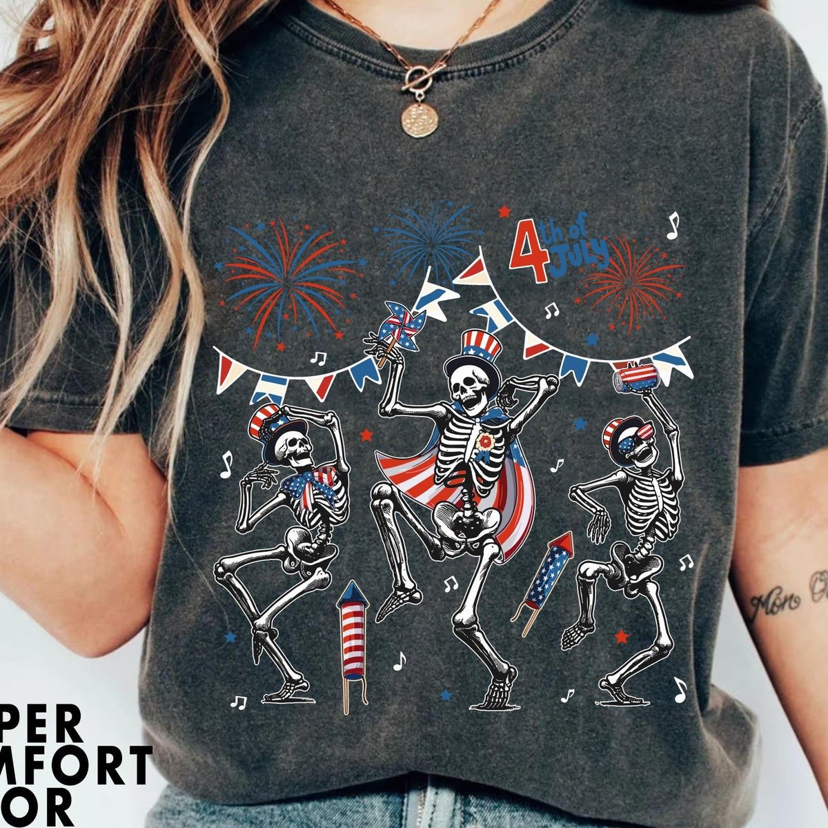 Skeleton Dancing Firework Shirt Patriotic Independence Day 2024 Tee