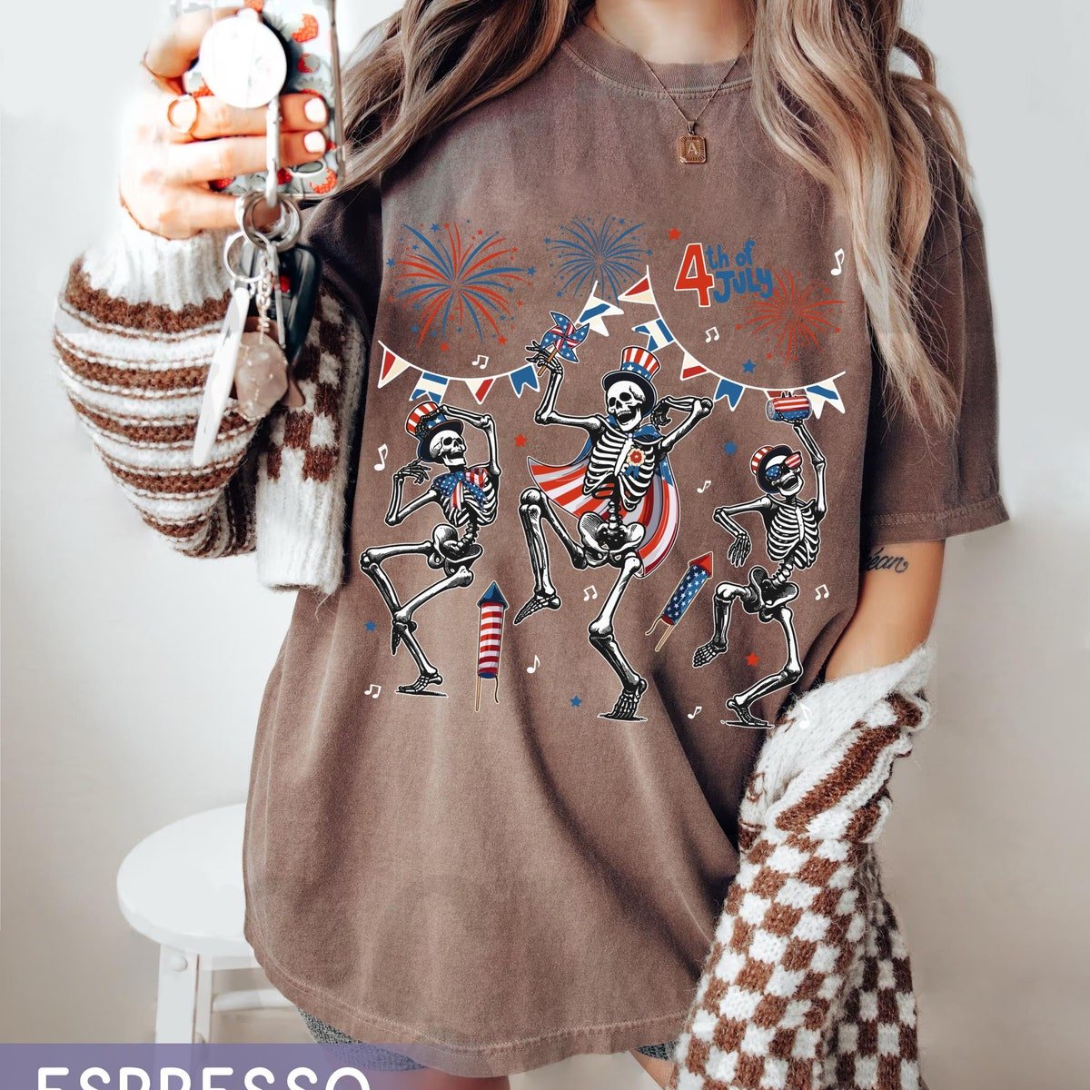 Skeleton Dancing Firework Shirt Patriotic Independence Day 2024 Tee