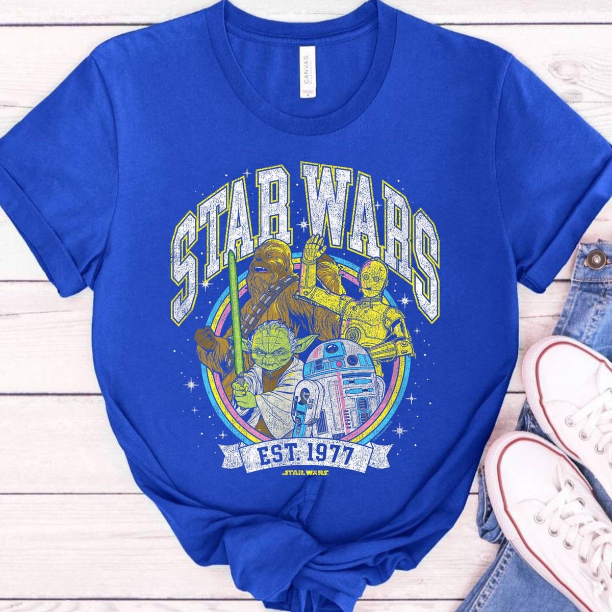Star Wars T-Shirt 1977 Retro Yoda R2D2 C3PO Chewbacca Tee