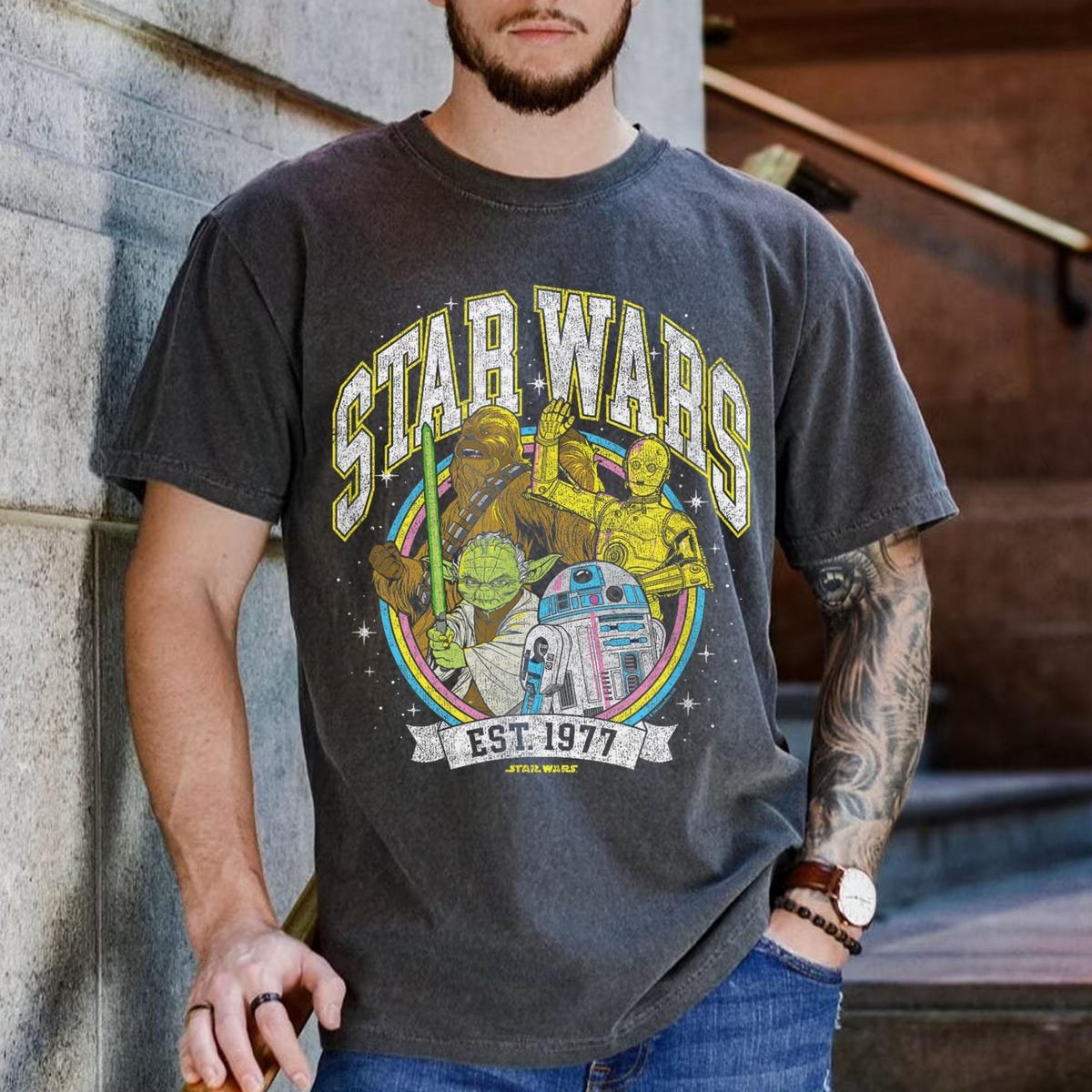 Star Wars T-Shirt 1977 Retro Yoda R2D2 C3PO Chewbacca Tee