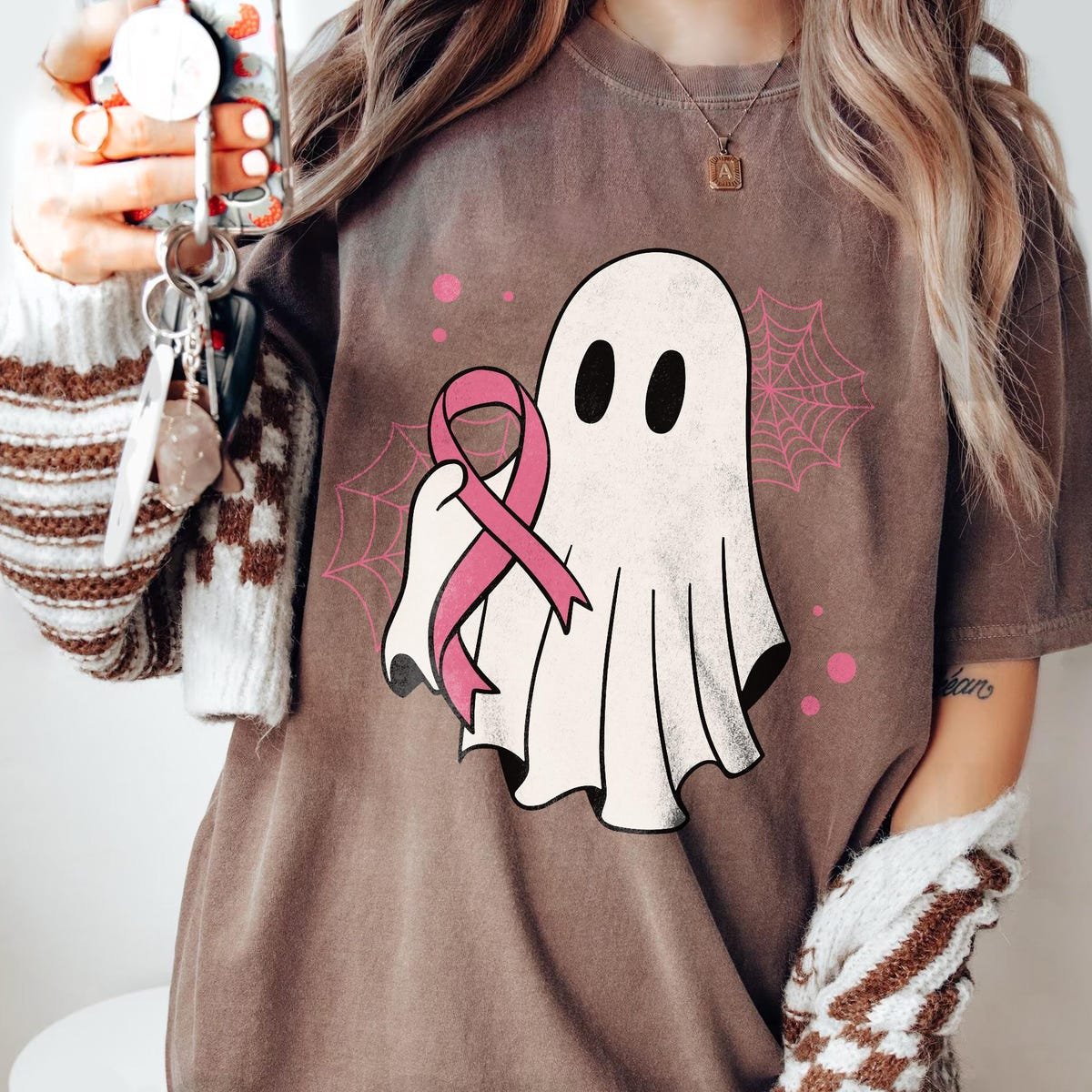 Breast Cancer Awareness Pink Shirt Halloween Ghost Tee