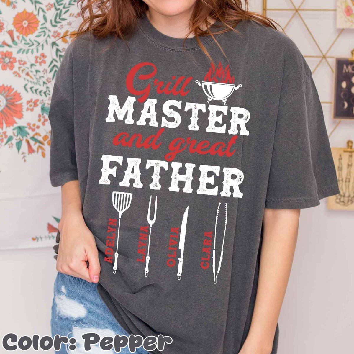 Custom Grill Master Shirt for Dad with Kids Names Father's Day Gift
